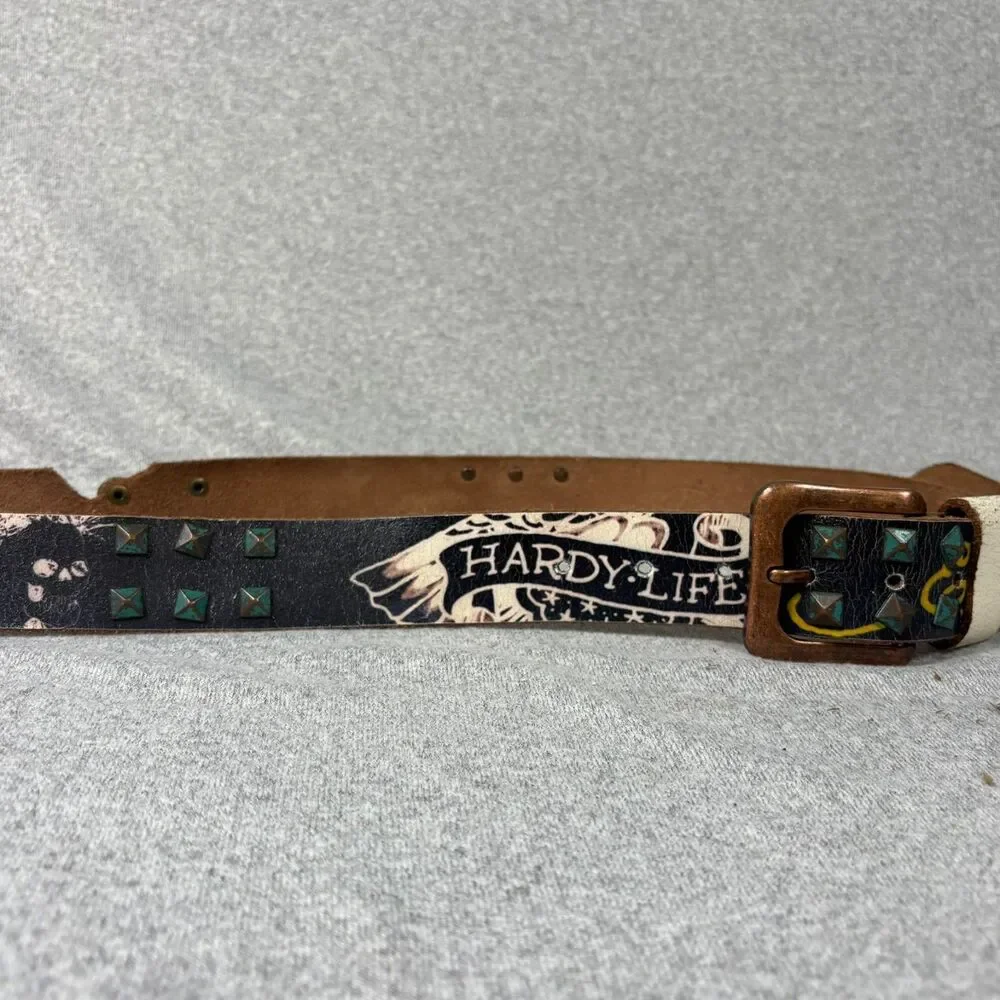 Ed Hardy Black Leather Studded Graphic Belt Skull Tiger Y2K Punk Rock
